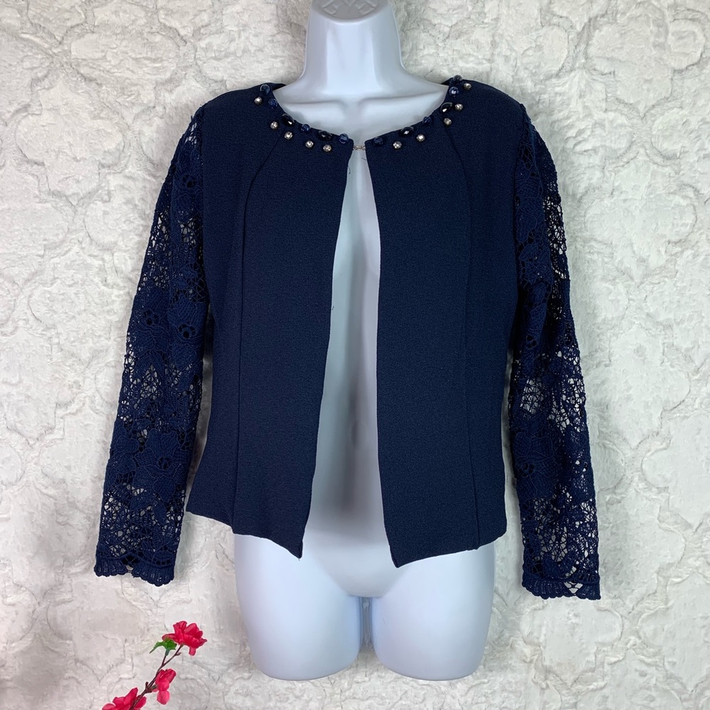 Navy Blue Lace Sleeve Blazer